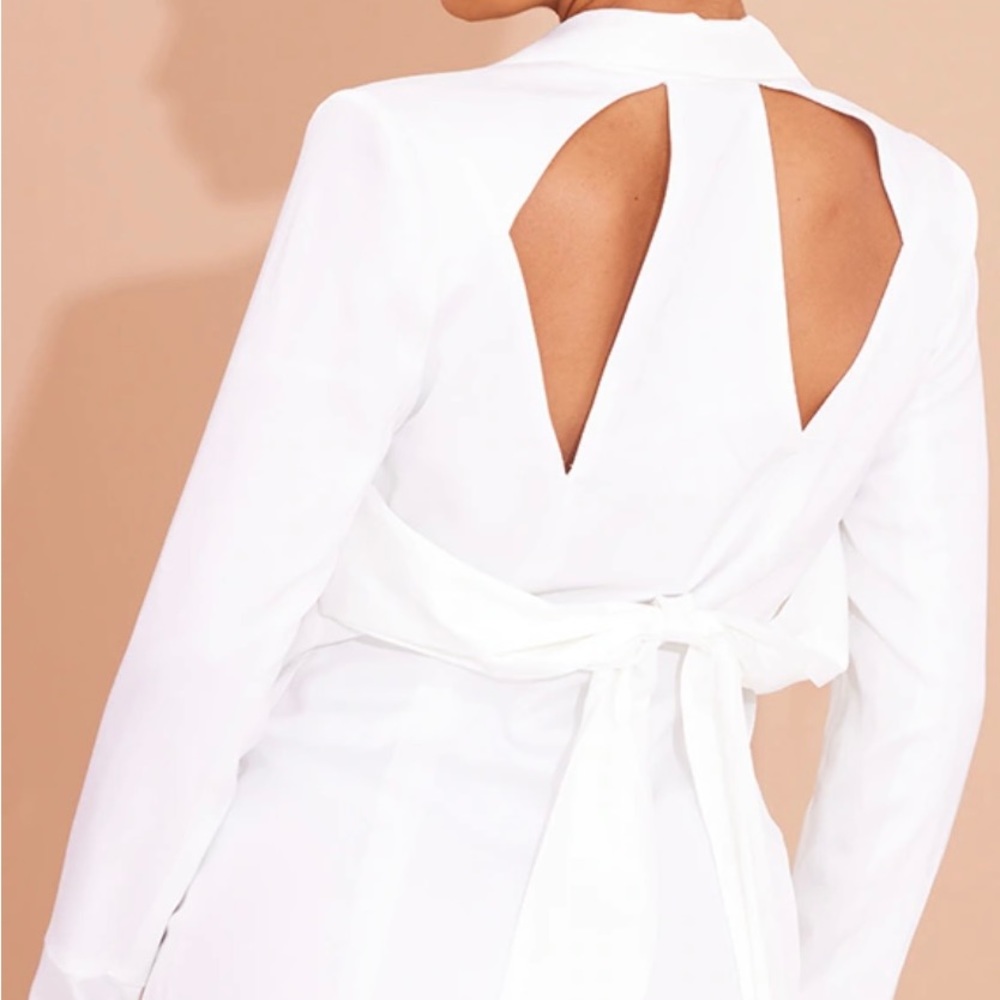White Open Back Bow Detail Satin Blazer Dress